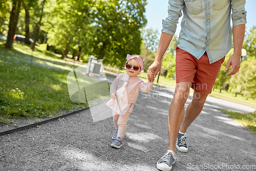 Image of father with baby daughter walking at summer park