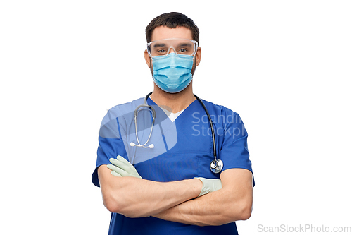 Image of male doctor in goggles, mask and gloves
