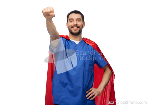 Image of smiling doctor or male nurse in superhero cape