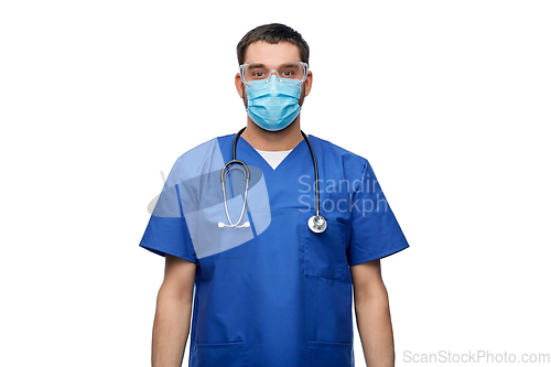 Image of male doctor in goggles and mask with stethoscope