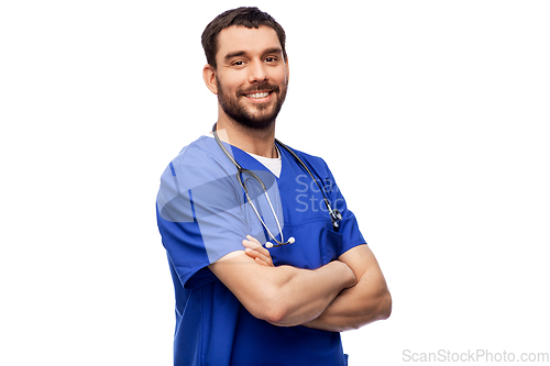 Image of smiling doctor or male nurse with stethoscope