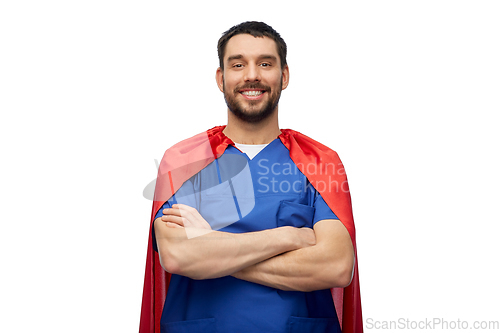 Image of smiling doctor or male nurse in superhero cape