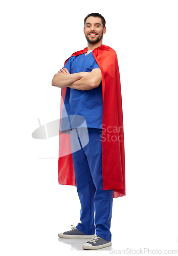 Image of smiling doctor or male nurse in superhero cape