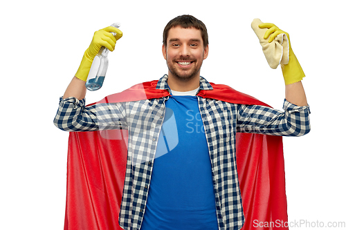 Image of smiling man in superhero cape with rag and cleaner