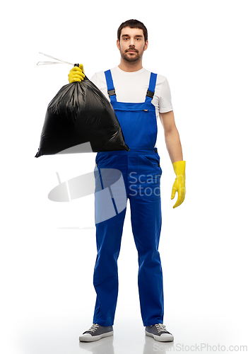 Image of male worker or cleaner with garbage bag