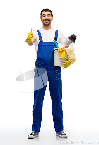 Image of cleaner with cleaning supplies showing thumbs up