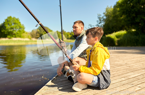 Image of father and son fishing on river