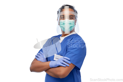 Image of indian male doctor in mask and face shield