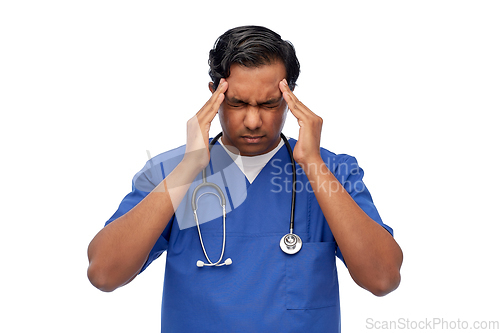 Image of stressed doctor or male nurse having headache