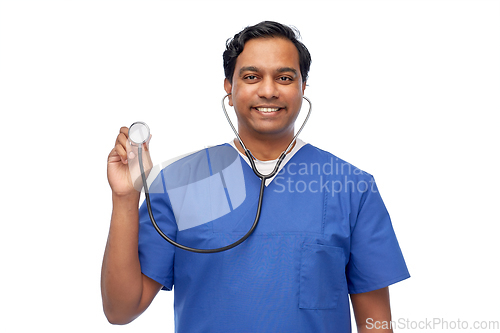 Image of happy indian male doctor or nurse with stethoscope