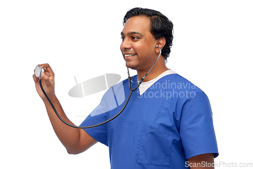 Image of happy indian male doctor or nurse with stethoscope