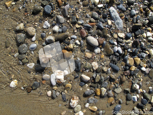 Image of Wet different sea pebbles on the beach