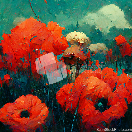 Image of Beautiful poppy field in bright sunlight. Spring flower backgrou