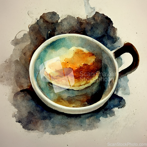 Image of Watercolor drawing ceramic cup of hot coffee with milk orcappucc