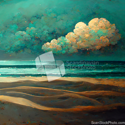 Image of Sea beach landscape. Ocean view panorama, water sand and clouds.