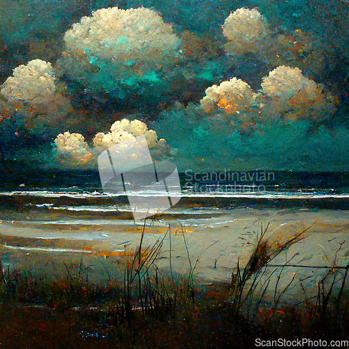 Image of Sea beach landscape. Ocean view panorama, water sand and clouds.