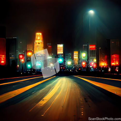 Image of Night city illustration with neon glow and vivid colors.