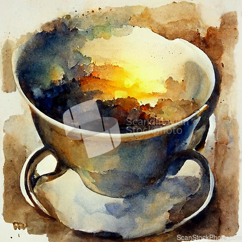 Image of Watercolor drawing ceramic cup of hot coffee with milk or cappuc