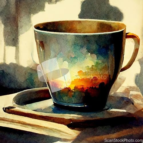 Image of Watercolor drawing ceramic cup of hot coffee with milk or cappuc