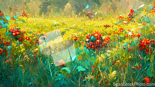 Image of Flower painting. Wildflowers white daisies, red poppies and yell