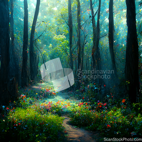 Image of Beautiful sunny summer morning in magic forest.