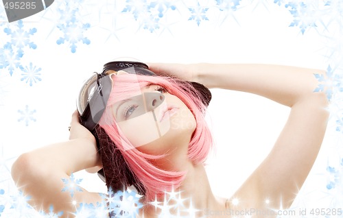 Image of daydreaming pink hair girl in aviator helmet