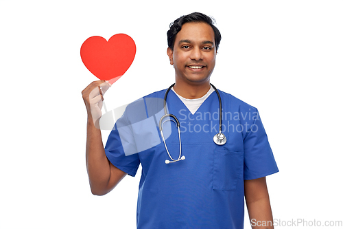 Image of indian male doctor with red heart and stethoscope