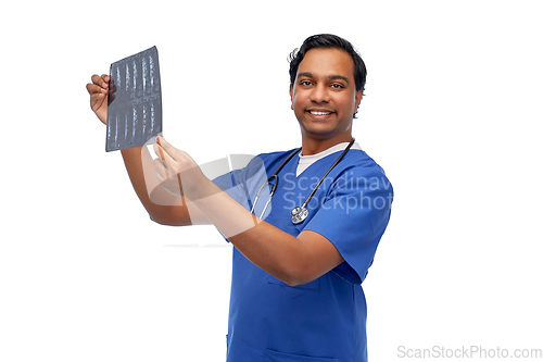 Image of happy indian doctor or male nurse with x-ray