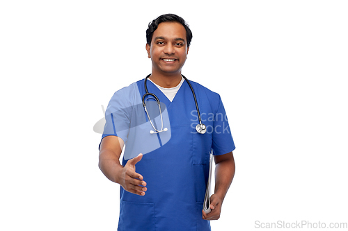 Image of happy indian male doctor giving hand for handshake