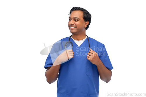 Image of happy indian doctor or male nurse with stethoscope