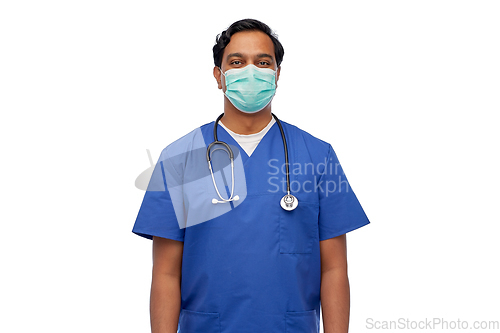 Image of indian male doctor in blue uniform and mask