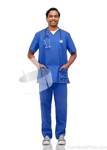 Image of happy indian doctor or male nurse with stethoscope