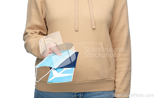 Image of woman with mask, passport and air ticket