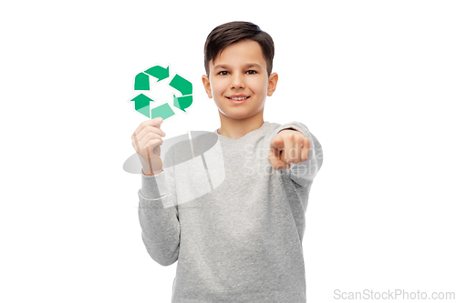 Image of happy boy with recycling sign pointing to you