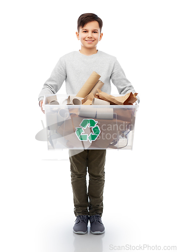 Image of smiling boy sorting paper waste