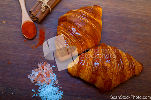 Image of french traditiona croissant brioche butter bread  on wood