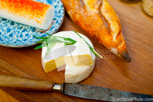 Image of French cheese and fresh  baguette on a wood cutter