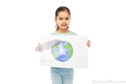 Image of smiling girl holding drawing of earth planet