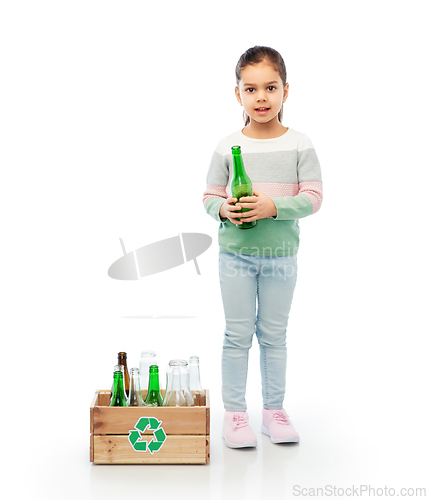 Image of smiling girl with wooden box sorting glass waste