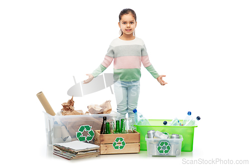 Image of happy girl sorting paper, metal and plastic waste