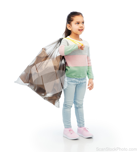 Image of smiling girl with paper garbage in plastic bag