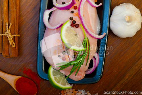 Image of fresh organic chicken breast with herbs and spices