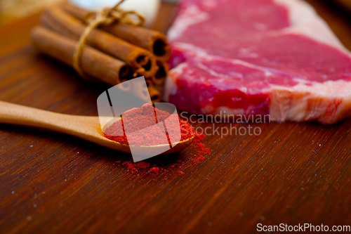 Image of raw uncooked  ribeye beef steak butcher selection