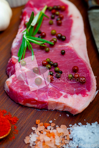 Image of raw uncooked  ribeye beef steak butcher selection