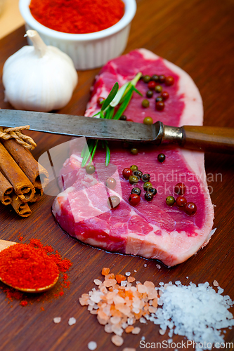 Image of raw uncooked  ribeye beef steak butcher selection