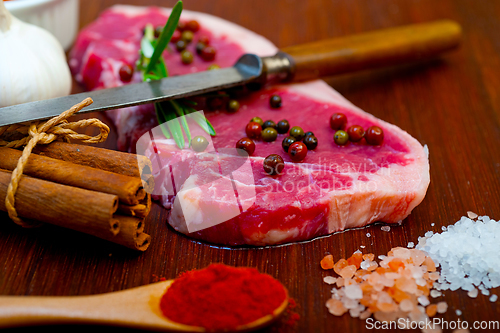 Image of raw uncooked  ribeye beef steak butcher selection