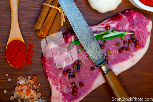 Image of raw uncooked  ribeye beef steak butcher selection