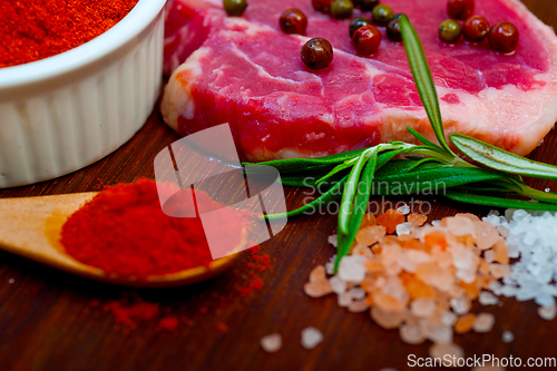 Image of raw uncooked  ribeye beef steak butcher selection