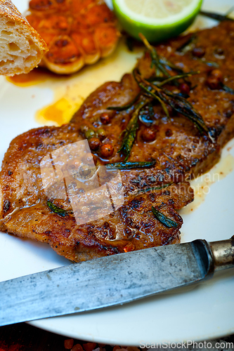 Image of roasted grilled ribeye beef steak butcher selection