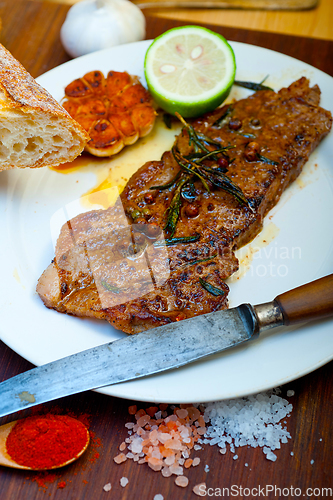 Image of roasted grilled ribeye beef steak butcher selection